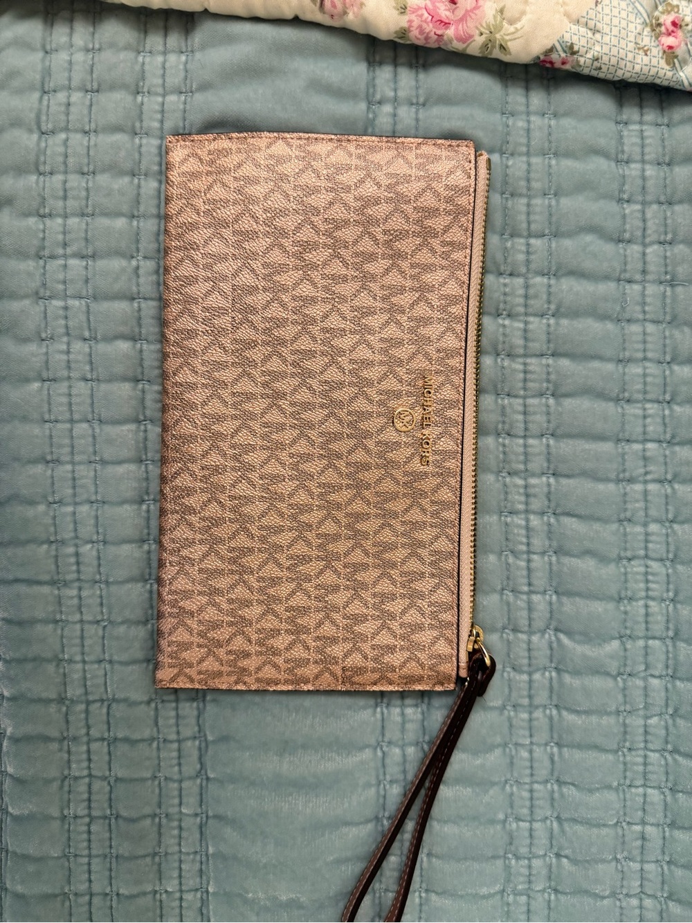 Michael Kors Rose Gold Logo-Print Wristlet Wallet with Dark Brown Strap